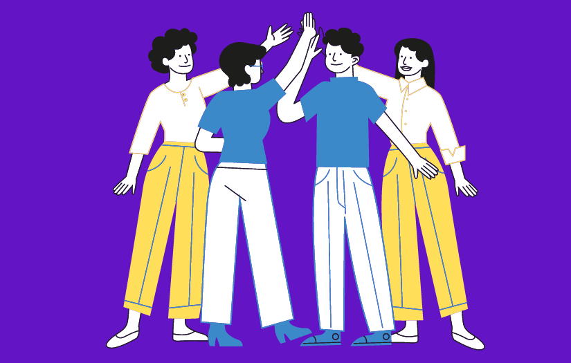 A purple background with four people high fiving.