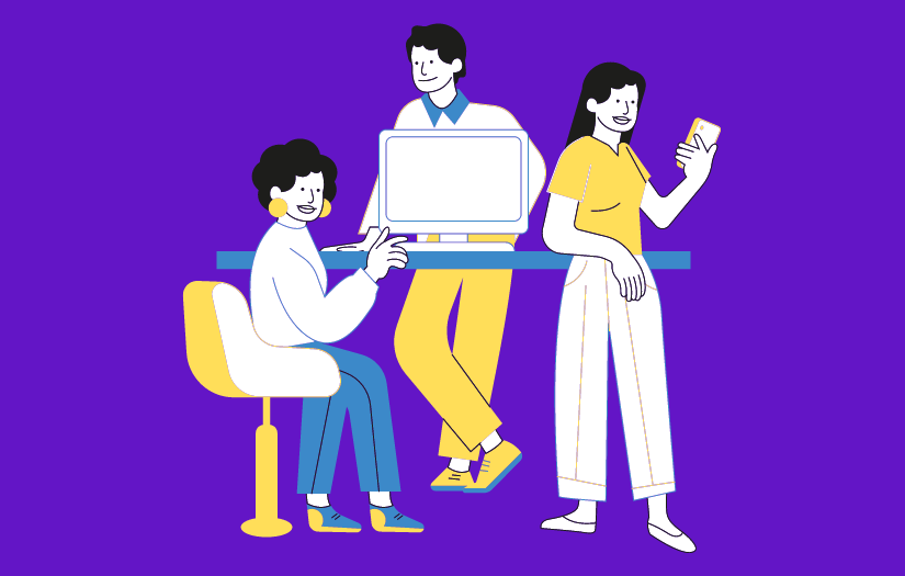 A purple background with three people working together, each on a different device..