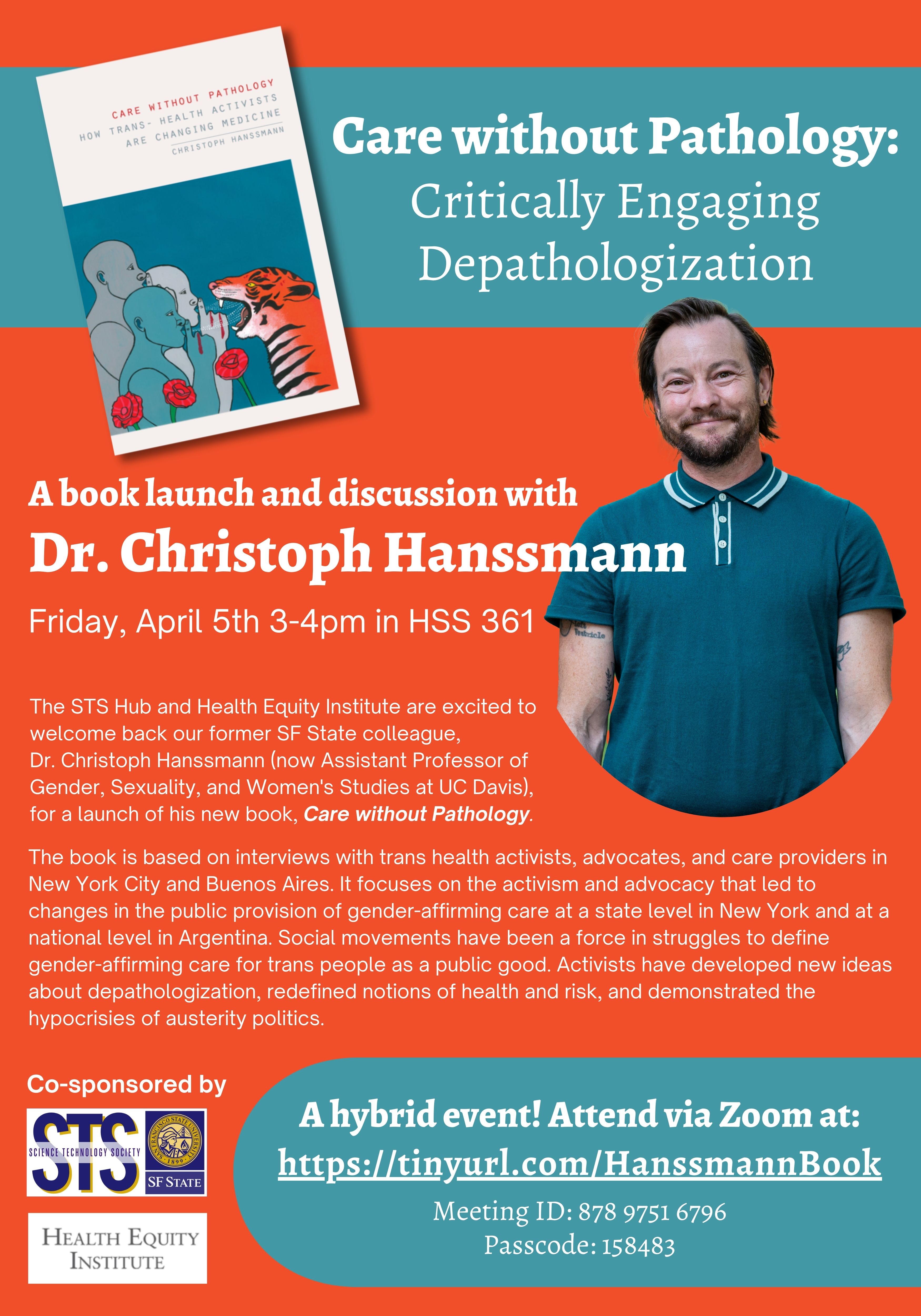 An orange and blue flyer advertising Dr. Chris Haussmann's book launch.