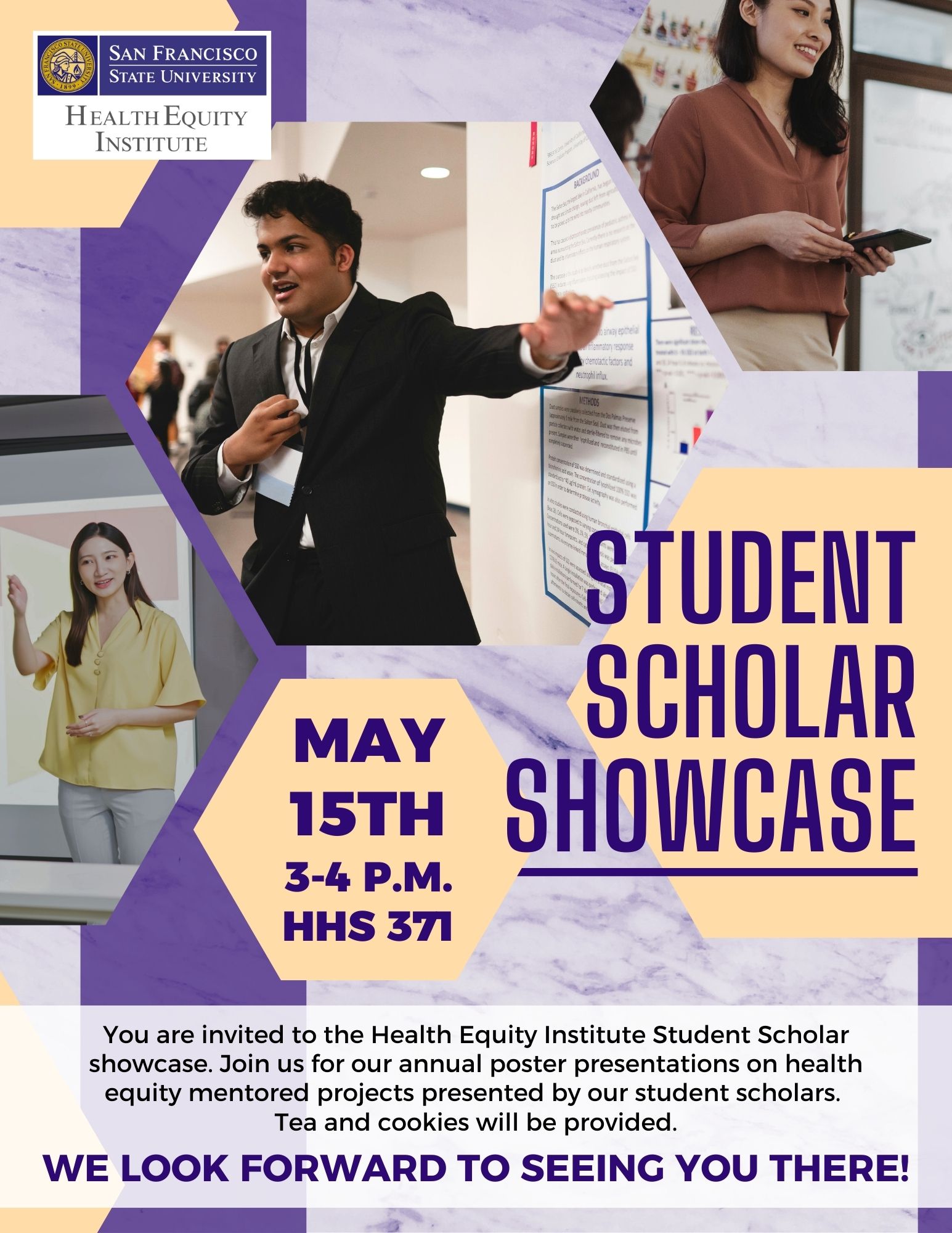 A flyer advertising the HEI Student Showcase 2025 on May 15, 3-4pm HHS 371