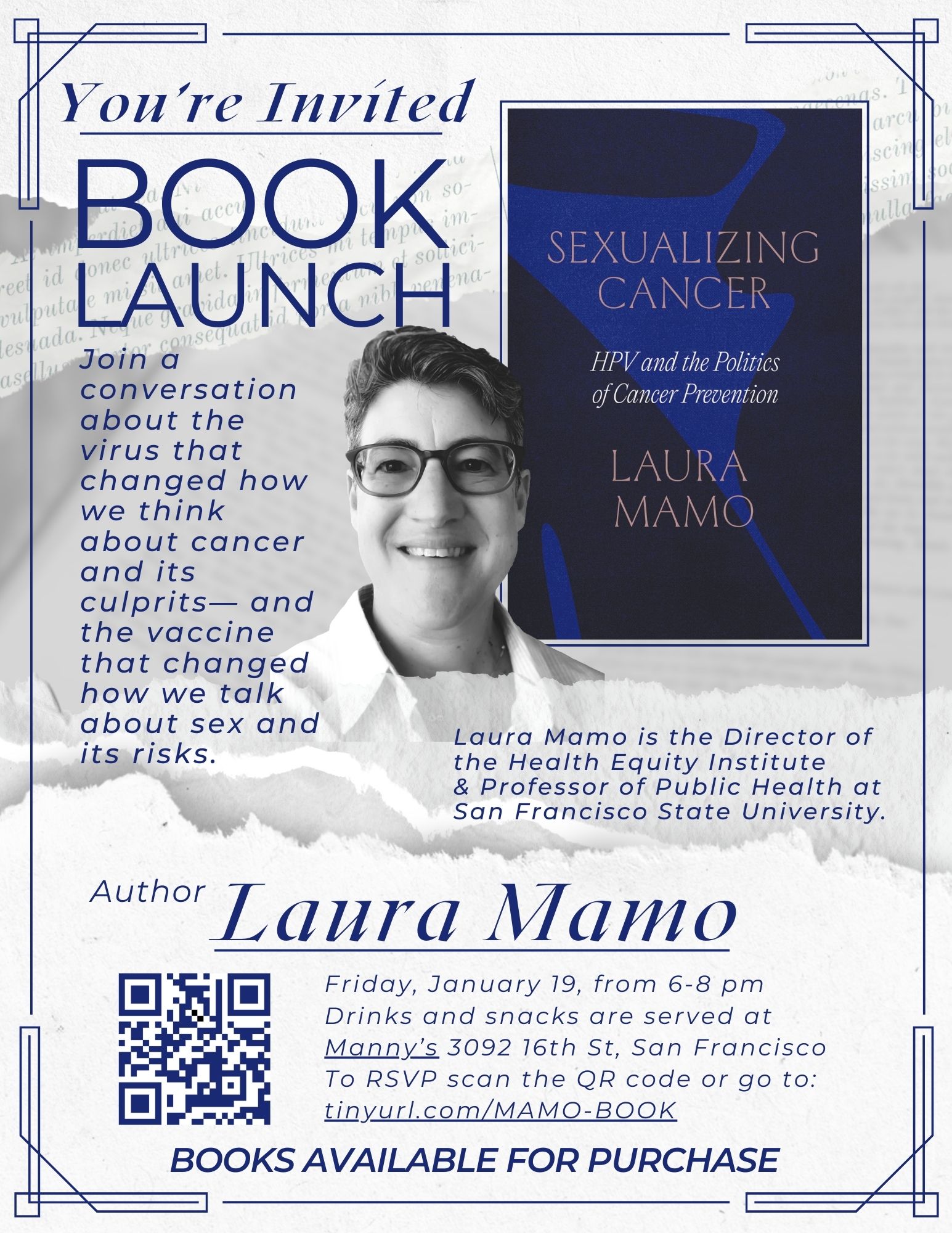 A flyer advertising Laura Mamo's book launch event for Sexualizing Cancer