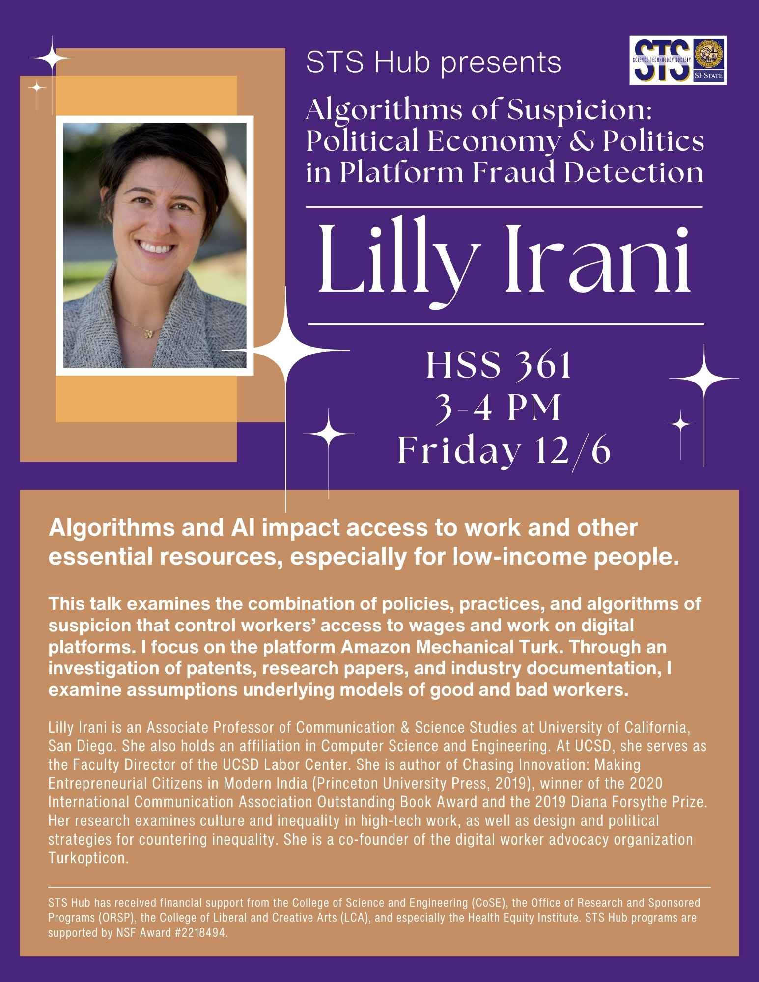 A flyer advertisting a speaker event with Lilly Irani in HSS 361, from 3-4 PM on Friday 12/6