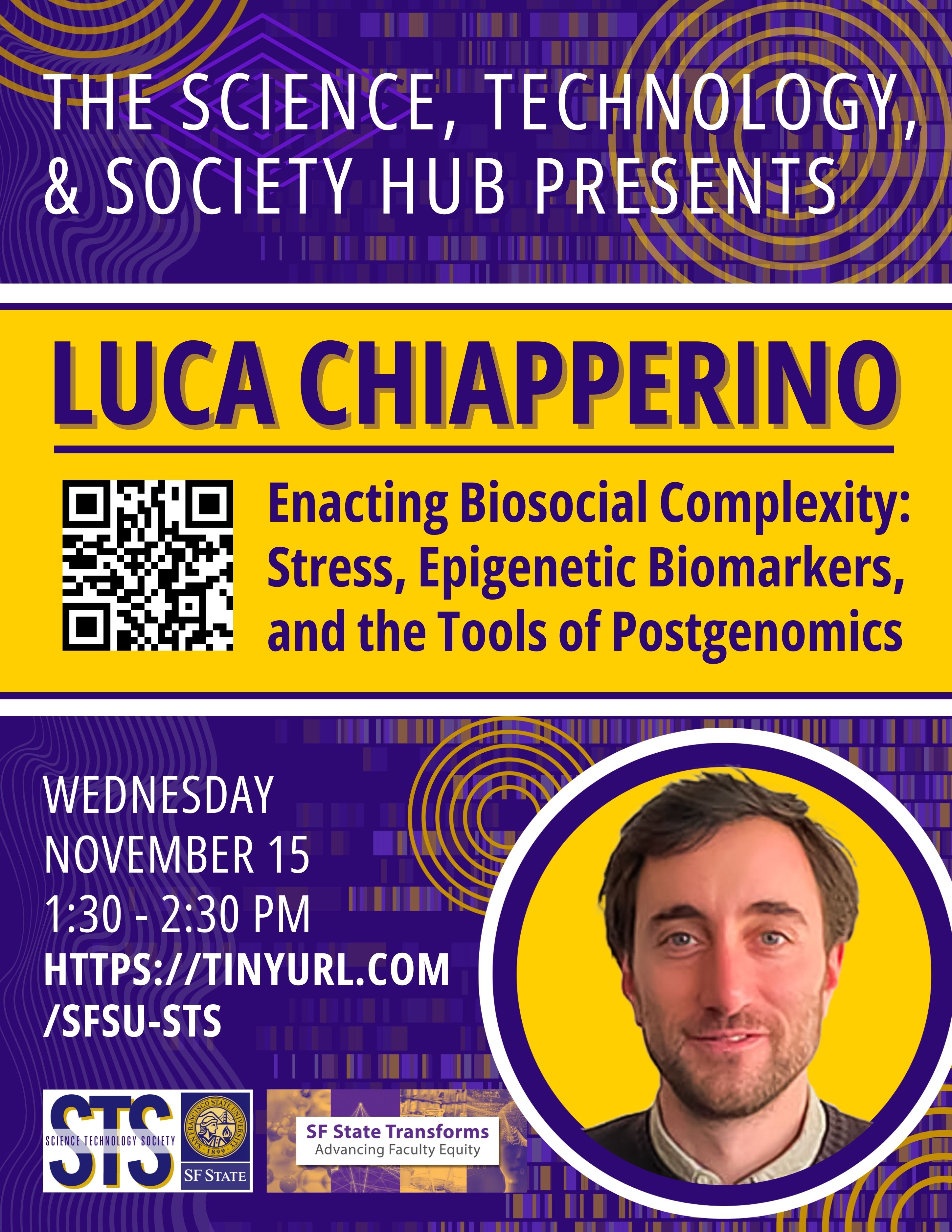A purple and gold flyer advertising an event featuring Luca Chiapperino