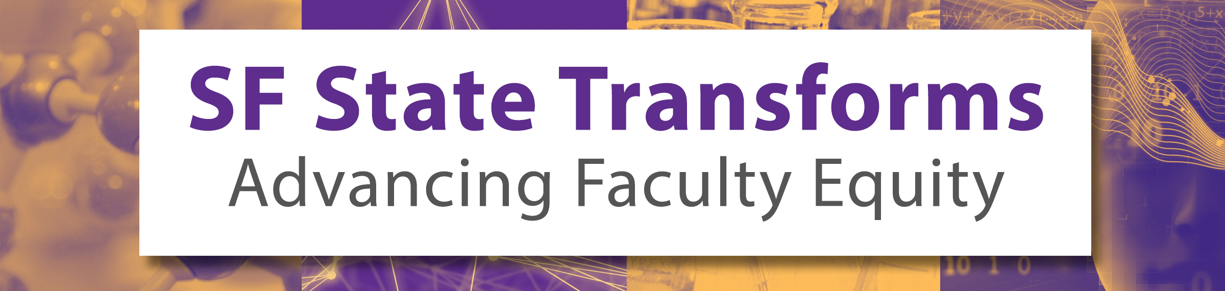 The Transforms banner. A purple and gold rectangle with a white box overlaying it that reads SF State Transforms, Advancing Faculty Equity