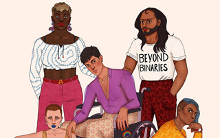 illustration of a group of nonbinary people with one person wearing a shirt that says "beyond binaries"