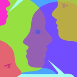 poster - abstract illustration of people saying "we're in this together"